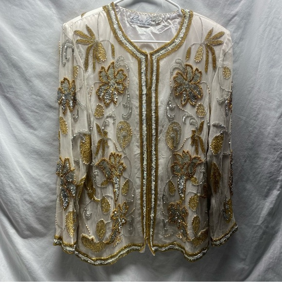 Vintage Rina Z beaded sequin silk jacket sz L Cream Silver Gold Floral -RARE- - Picture 6 of 14